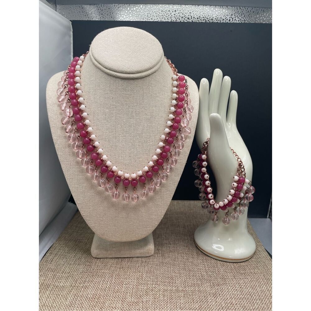 Coldwater Creek Fringe Necklace & Bracelet Set Pink White Clear Acrylic Adjusta